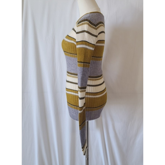 Happy Sheep Womens Yellow Gray Cream Striped Cashmere Sweater Small - Picture 3 of 5